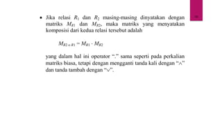 10
• Jika relasi R1 dan R2 masing-masing dinyatakan dengan
matriks MR1 dan MR2, maka matriks yang menyatakan
komposisi dari kedua relasi tersebut adalah
MR2  R1 = MR1  MR2
yang dalam hal ini operator “.” sama seperti pada perkalian
matriks biasa, tetapi dengan mengganti tanda kali dengan “”
dan tanda tambah dengan “”.
 