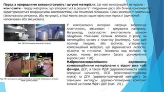 Поряд з природними використовують і штучні матеріали. Це нові конструкційні матеріали -
композити - тверді матеріали, що утворюються в результаті поєднання двох або більше компонентів і
характеризуються покращеними властивостями, ніж початкові складники. Один компонент пластичний
(зв’язувальна речовина, або матриця), а інші мають високі характеристики міцності (армуючий
наповнювач або зміцнювач).
У композитному матеріалі матриця забезпечує
пластичність, зміцнювач - армування матеріалу.
Наприклад, склопластик виготовляють шляхом
занурення тоненьких скляних волокон у рідку чи
желеподібну основу з пластику (полімеру). Коли цей
полімер твердне, або застигає, утворюється
композиційний матеріал, що відзначається легкістю,
міцністю та гнучкістю. Змінюючи вид волокон та
основи, можна виготовити багато різноманітних
виробів (мал. 190).
Найрозповсюдженішими деревними
композиційними матеріалами є відомі вже тобі
фанера, ДСП, а також МДФ (деревоволокниста плита
середньої щільності), ОСП (орієнтовно-стружкова
плита) та ДПК (деревно-полімерний композит). За
зовнішнім виглядом деревно-полімерний композит
схожий на плити МДФ і ДВП (мал. 191).
 