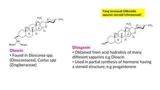 Diosgenin
• Obtained from acid hydrolisis of many
different saponins e.g Dioscin
• Used in partial synthesis of hormone having
a steroid structure, e.g progesterone
Dioscin
• Found in Dioscorea spp
(Dioscoreacea), Costus spp
(Zingiberaceae)
Yang termasuk Glikosidia
saponin steroid/triterpenoid?
 