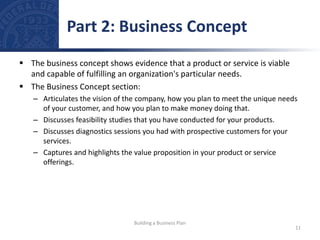  The business concept shows evidence that a product or service is viable
and capable of fulfilling an organization's particular needs.
 The Business Concept section:
– Articulates the vision of the company, how you plan to meet the unique needs
of your customer, and how you plan to make money doing that.
– Discusses feasibility studies that you have conducted for your products.
– Discusses diagnostics sessions you had with prospective customers for your
services.
– Captures and highlights the value proposition in your product or service
offerings.
Part 2: Business Concept
11
Building a Business Plan
 