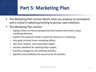  The Marketing Plan section details what you propose to accomplish,
and is critical in obtaining funding to pursue new initiatives.
 The Marketing Plan section:
– Explains (from an internal perspective) the impacts and results of past
marketing decisions.
– Explains the external market in which the business is competing.
– Sets goals to direct future marketing efforts.
– Sets clear, realistic, and measurable targets.
– Includes deadlines for meeting those targets.
– Provides a budget for all marketing activities.
– Specifies accountability and measures for all activities.
Part 5: Marketing Plan
14
Building a Business Plan
 