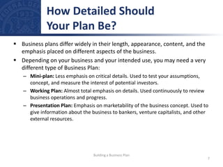  Business plans differ widely in their length, appearance, content, and the
emphasis placed on different aspects of the business.
 Depending on your business and your intended use, you may need a very
different type of Business Plan:
– Mini-plan: Less emphasis on critical details. Used to test your assumptions,
concept, and measure the interest of potential investors.
– Working Plan: Almost total emphasis on details. Used continuously to review
business operations and progress.
– Presentation Plan: Emphasis on marketability of the business concept. Used to
give information about the business to bankers, venture capitalists, and other
external resources.
How Detailed Should
Your Plan Be?
7
Building a Business Plan
 