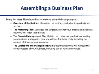Every Business Plan should include some essential components:
– Overview of the Business: Describes the business, includin...