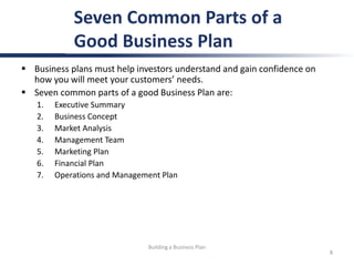  Business plans must help investors understand and gain confidence on
how you will meet your customers’ needs.
 Seven co...