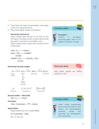 7.
s-Block
Elements
y They have low heat of atomisation and easily
come into vaporised form.
y They have higher heats of hydration.
Reactivity towards air
Alkali metals gets tarnish in air due to the
formation of oxide at their surface hence they
are kept in kerosene or paraffine wax.
Alkali metals when reacts with moist air form
carbonates.
2 2
2 2
2 2 3 2
4Na O 2Na O
Na O H O 2NaOH
(moist)
2NaOH CO Na CO H O
(in air)
+ 
→
+ 
→
+ 
→ +
Reactivity towards oxygen
Normal oxides – Monoxide
2 2
4Na O 2Na O
+ 
→
Peroxides
°
+ 
→
300 C
2 2 2
2Na O (excess) Na O
Superoxides
Superoxides are ionic oxides + −
2
M O
+ →
2 2
M O (excess) MO
(M = K, Rb, Cs)
Concept Ladder
Exception :
Lithium is strongest
reducing agent due to its
highest hydration energy.
Concept Ladder
Alkali metal superoxides
have unpaired electron and
hence are paramagnetic
whereas oxides and
peroxide are diamagnetic
and colourless.
Rack your Brain
Why alkali metals are highly
reactive in air?
 