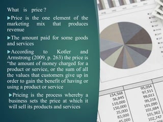 What is price ?
Price is the one element of the
marketing mix that produces
revenue
The amount paid for some goods
and services
According to Kotler and
Armstrong (2009, p. 263) the price is
“the amount of money charged for a
product or service, or the sum of all
the values that customers give up in
order to gain the benefit of having or
using a product or service
Pricing is the process whereby a
business sets the price at which it
will sell its products and services
 