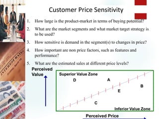 1. How large is the product-market in terms of buying potential?
2. What are the market segments and what market target strategy is
to be used?
3. How sensitive is demand in the segment(s) to changes in price?
4. How important are non price factors, such as features and
performance?
5. What are the estimated sales at different price levels?
Customer Price Sensitivity
 