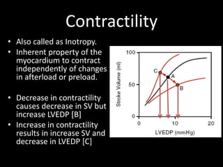 Contractility
• Also called as Inotropy.
• Inherent property of the
myocardium to contract
independently of changes
in afterload or preload.
• Decrease in contractility
causes decrease in SV but
increase LVEDP [B]
• Increase in contractility
results in increase SV and
decrease in LVEDP [C]
 
