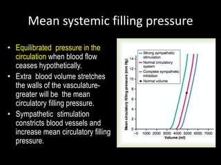 Mean systemic filling pressure
• Equilibrated pressure in the
circulation when blood flow
ceases hypothetically.
• Extra blood volume stretches
the walls of the vasculature-
greater will be the mean
circulatory filling pressure.
• Sympathetic stimulation
constricts blood vessels and
increase mean circulatory filling
pressure.
 