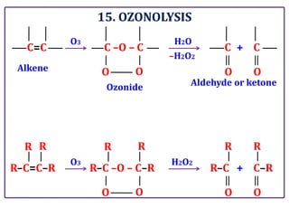 15. OZONOLYSIS
C=C
O3
C –O – C
H2O
O O
C
O
C
O
+
R–C=C–R
O3
R–C –O – C–R
H2O2
O O
R–C
O
C–R
O
+
R R R R R R
Ozonide
Alkene
Aldehyde or ketone
–H2O2
 