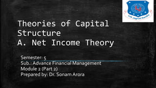 Theories of Capital
Structure
A. Net Income Theory
Semester: 5
Sub.: Advance Financial Management
Module 2 (Part 2)
Prepared by: Dr. Sonam Arora
 