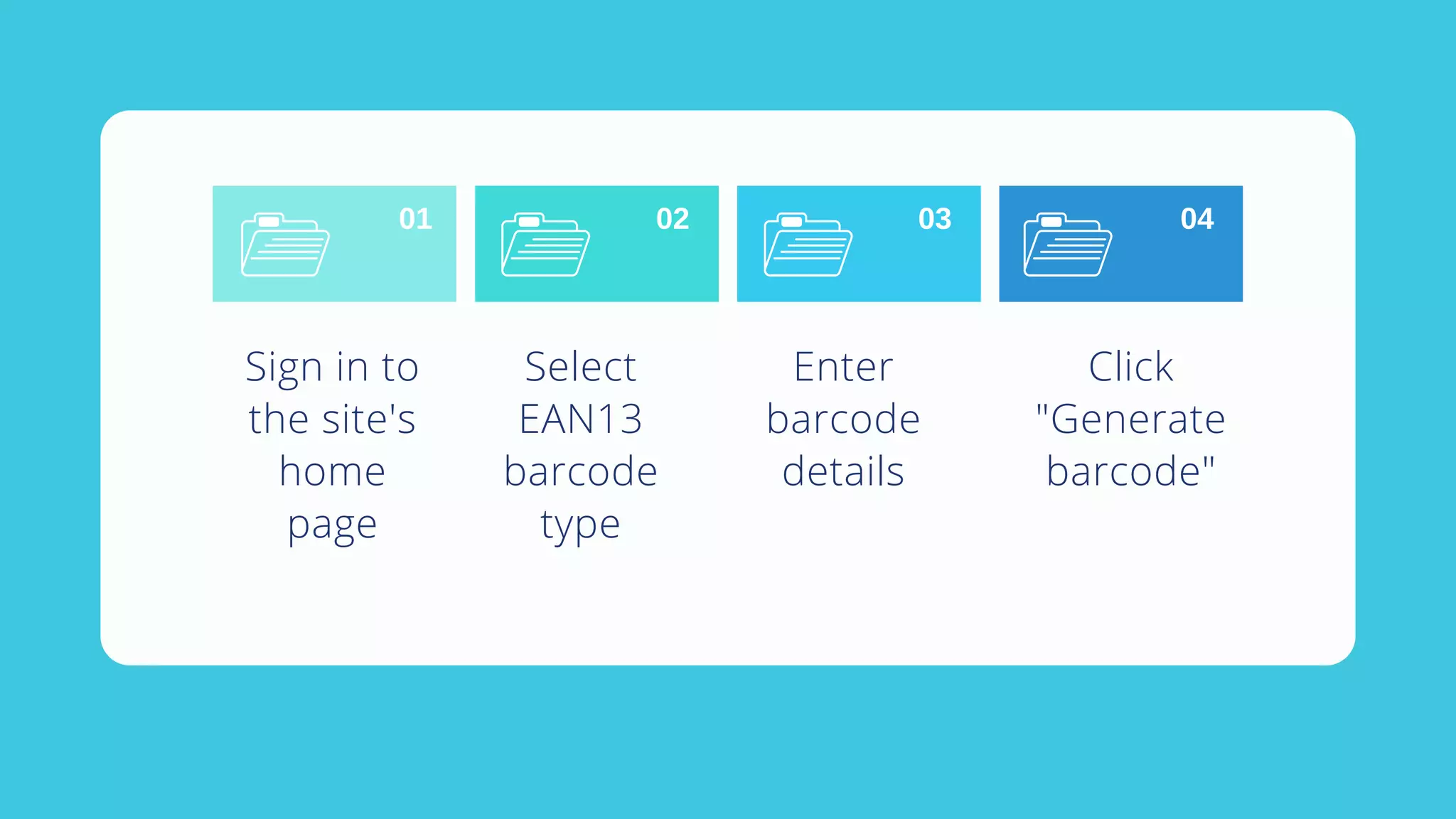 Sign in to
the site's
home
page
01 02 03 04
Select
EAN13
barcode
type
Enter
barcode
details
Click
"Generate
barcode"