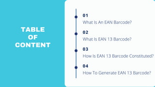 01
What Is An EAN Barcode?
02
What Is EAN 13 Barcode?
03
How Is EAN 13 Barcode Constituted?
04
How To Generate EAN 13 Barc...