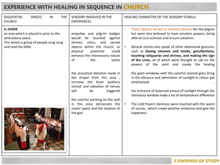 SEQUENTIAL SPACES IN THE
CHURCH
SENSORY INVOLVED IN THE
EXPERIENCES
HEALING CHARACTER OF THE SENSORY STIMULI
4. CHOIR
an a...