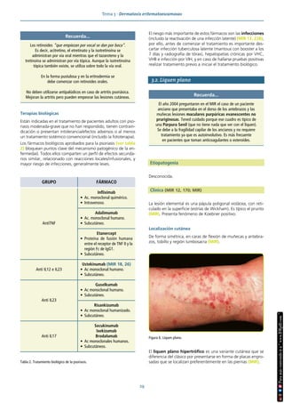 Tema 3 · Dermatosis eritematoescamosas
29
Terapias biológicas
Están indicadas en el tratamiento de pacientes adultos con pso-
riasis moderada-grave que no han respondido, tienen contrain-
dicación o presentan intolerancia/efectos adversos o al menos
un tratamiento sistémico convencional (incluido la fototerapia).
Los fármacos biológicos aprobados para la psoriasis (ver tabla
2) bloquean puntos clave del mecanismo patogénico de la en-
fermedad. Todos ellos comparten un perfil de efectos secunda-
rios similar, relacionado con reacciones locales/infusionales, y
mayor riesgo de infecciones, generalmente leves.
El riesgo más importante de estos fármacos son las infecciones
(incluido la reactivación de una infección latente) (MIR 13, 228);
por ello, antes de comenzar el tratamiento es importante des-
cartar infección tuberculosa latente (mantoux con booster a los
7 días y radiografía de tórax), hepatopatías crónicas por VHC,
VHB e infección por VIH, y en caso de hallarse pruebas positivas
realizar tratamiento previo a iniciar el tratamiento biológico.
3.2. Liquen plano
Etiopatogenia
Desconocida.
Clínica (MIR 12, 170; MIR)
La lesión elemental es una pápula poligonal violácea, con reti-
culado en la superficie (estrías de Wickham). Es típico el prurito
(MIR). Presenta fenómeno de Koebner positivo.
Localización cutánea
De forma simétrica, en caras de flexión de muñecas y antebra-
zos, tobillo y región lumbosacra (MIR).
El liquen plano hipertrófico es una variante cutánea que se
diferencia del clásico por presentarse en forma de placas engro-
sadas que se localizan preferentemente en las piernas (MIR).
Tabla 2. Tratamiento biológico de la psoriasis.
GRUPO FÁRMACO
AntiTNF
Infliximab
• Ac. monoclonal quimérico.
• Intravenoso.
Adalimumab
• Ac. monoclonal humano.
• Subcutáneo.
Etanercept
• Proteína de fusión humana
entre el receptor de TNF II y la
región Fc de IgG1.
• Subcutáneo.
Anti IL12 e IL23
Ustekinumab (MIR 18, 26)
• Ac monoclonal humano.
• Subcutáneo.
Anti IL23
Guselkumab
• Ac monoclonal humano.
• Subcutáneo.
Risankizumab
• Ac monoclonal humanizado.
• Subcutáneo.
Anti IL17
Secukinumab
Ixekizumab
Brodalumab
• Ac monoclonales humanos.
• Subcutáneos.
Recuerda...
El año 2004 preguntaron en el MIR el caso de un paciente
anciano que presentaba en el dorso de los antebrazos y las
muñecas lesiones maculares purpúricas evanescentes no
pruriginosas. Tened cuidado porque ese cuadro es típico de
una Púrpura Senil (que no tiene nada que ver con el liquen).
Se debe a la fragilidad capilar de los ancianos y no requiere
tratamiento ya que es autoinvolutivo. Es más frecuente
en pacientes que toman anticoagulantes o esteroides.
Figura 6. Liquen plano.
Recuerda...
Los retinoides “que empiezan por vocal se dan por boca”.
Es decir, acitretino, el etretinato y la isotretinoína se
administran por vía oral mientras que el tazaroteno y la
tretinoína se administran por vía tópica. Aunque la isotretinoína
tópica también existe, se utiliza sobre todo la vía oral.
En la forma pustulosa y en la eritrodermia se
debe comenzar con retinoides orales.
No deben utilizarse antipalúdicos en caso de artritis psoriásica.
Mejoran la artritis pero pueden empeorar las lesiones cutáneas.
 