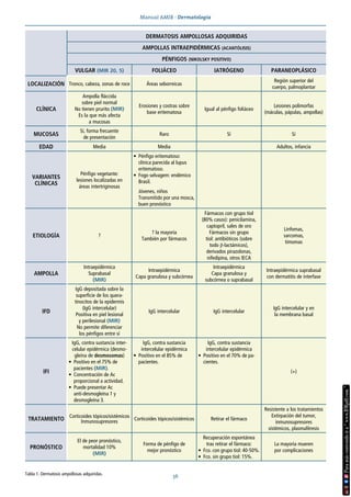 Manual AMIR · Dermatología
36
Tabla 1. Dermatosis ampollosas adquiridas.
DERMATOSIS AMPOLLOSAS ADQUIRIDAS
AMPOLLAS INTRAEPIDÉRMICAS (ACANTÓLISIS)
PÉNFIGOS (NIKOLSKY POSITIVO)
VULGAR (MIR 20, 5) FOLIÁCEO IATRÓGENO PARANEOPLÁSICO
LOCALIZACIÓN Tronco, cabeza, zonas de roce Áreas seborreicas
Región superior del
cuerpo, palmoplantar
CLÍNICA
Ampolla fláccida
sobre piel normal
No tienen prurito (MIR)
Es la que más afecta
a mucosas
Erosiones y costras sobre
base eritematosa
Igual al pénfigo foliáceo
Lesiones polimorfas
(máculas, pápulas, ampollas)
MUCOSAS
Sí, forma frecuente
de presentación
Raro Sí Sí
EDAD Media Media Adultos, infancia
VARIANTES
CLÍNICAS
Pénfigo vegetante:
lesiones localizadas en
áreas intertriginosas
• Pénfigo eritematoso:
clínica parecida al lupus
eritematoso.
• Fogo selvagem: endémico
Brasil.
Jóvenes, niños
Transmitido por una mosca,
buen pronóstico
ETIOLOGÍA ?
? la mayoría
También por fármacos
Fármacos con grupo tiol
(80% casos): penicilamina,
captopril, sales de oro
Fármacos sin grupo
tiol: antibióticos (sobre
todo β-lactámicos),
derivados pirazolonas,
nifedipina, otros IECA
Linfomas,
sarcomas,
timomas
AMPOLLA
Intraepidérmica
Suprabasal
(MIR)
Intraepidérmica
Capa granulosa y subcórnea
Intraepidérmica
Capa granulosa y
subcórnea o suprabasal
Intraepidérmica suprabasal
con dermatitis de interfase
IFD
IgG depositada sobre la
superficie de los quera-
tinocitos de la epidermis
(IgG intercelular)
Positiva en piel lesional
y perilesional (MIR)
No permite diferenciar
los pénfigos entre sí
IgG intercelular IgG intercelular
IgG intercelular y en
la membrana basal
IFI
IgG, contra sustancia inter-
celular epidérmica (desmo-
gleína de desmosomas)
• Positivo en el 75% de
pacientes (MIR).
• Concentración de Ac
proporcional a actividad.
• Puede presentar Ac
anti-desmogleína 1 y
desmogleína 3.
IgG, contra sustancia
intercelular epidérmica
• Positivo en el 85% de
pacientes.
IgG, contra sustancia
intercelular epidérmica
• Positivo en el 70% de pa-
cientes.
(+)
TRATAMIENTO Corticoides tópicos/sistémicos
Inmunosupresores
Corticoides tópicos/sistémicos Retirar el fármaco
Resistente a los tratamientos
Extirpación del tumor,
inmunosupresores
sistémicos, plasmaféresis
PRONÓSTICO
El de peor pronóstico,
mortalidad 10%
(MIR)
Forma de pénfigo de
mejor pronóstico
Recuperación espontánea
tras retirar el fármaco:
• Fco. con grupo tiol: 40-50%.
• Fco. sin grupo tiol: 15%.
La mayoría mueren
por complicaciones
 