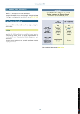Tema 5 · Paniculitis
39
5.3. Necrosis grasa pancreática
Se asocia a pancreatitis o a cáncer pancreático.
Su dato más característico es la presencia de lipasa aumentada.
Histología:necrosisgrasaextensaycélulasfantasma(MIR18,198).
5.4. Panarteritis nodosa
Es una vasculitis necrotizante de las arterias de pequeño y me-
diano calibre.
Clínica
Aparición de nódulos subcutáneos rojo brillantes que siguen el
trayecto de las arterias afectas. Se afectan preferentemente los
miembros inferiores. Cuando estos nódulos desaparecen que-
dan úlceras.
También aparece livedo reticular (la livedo reticular en estallido
es patognomónica).
Recuerda...
La paniculitis histiocítica citofágica es una paniculitis
lobulillar sin vasculitis que tiene una histología
característica: células “en bolsa de judías”
Tabla 2. Clasificación de las paniculitis (MIR 10, 16).
CON
VASCULITIS
SIN VASCULITIS
SEPTAL
(AFECTA SEPTOS
DEL TEJIDO
CELULAR
SUBCUTÁNEO)
PAN
(panarteritis
nodosa)
Tromboflebitis
migratoria
Esclerodermia
aguda
EN
(Eritema nodoso)
(MIR)
Necrobiosis
lipoídica
Esclerodermia
crónica
LOBULILLAR
(AFECTA
LOBULILLOS DEL
TEJIDO CELULAR
SUBCUTÁNEO)
Eritema indurado
de Bazin
El resto
 