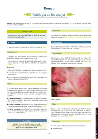 55
9.1. Acné
Es una enfermedad inflamatoria del folículo pilosebáceo (MIR).
Etiopatogenia
La etiología está directamente relacionada con la presencia de
andrógenos. La patogenia parece multifactorial:
• Alteración en la respuesta de la glándula sebácea a los andró-
genos (sobre todo 5-alfa-DHT). Es el factor más importante
(MIR).
• Herencia.
• Obstrucción del canal pilosebáceo por hipercornificación ductal.
• Aumento de la secreción sebácea con alteración en los lípidos
de superficie.
• Microorganismos: Propionibacterium acnes, Staphylococcus
epidermidis y Malassezia furfur.
Clínica
Es característico el polimorfismo. Pueden observarse simultánea
o sucesivamente lesiones no inflamatorias (comedones), lesio-
nes inflamatorias (pápulas, pústulas, granulomas, nódulos, quis-
tes, fístulas), o lesiones residuales (máculas hiperpigmentadas,
cicatrices).
• El acné conglobata es una forma de acné severo con nódu-
los y quistes que suelen dejar cicatriz queloidea residual, más
frecuente en varones.
• El acné fulminans consiste en un acné conglobata de inicio
agudo acompañado de fiebre, artralgias y leucocitosis (MIR).
• El acné neonatal es una forma leve que aparece a los dos
días del nacimiento. Se debe al paso de hormonas de la
madre y es autoinvolutivo.
Tratamiento
Los antibióticos orales se deben administrar durante periodos
largos de tiempo (MIR) (ver tabla 1 en la página siguiente).
9.2. Rosácea
Es una dermatosis acneiforme inflamatoria crónica, que afecta
generalmente a mujeres entre 30 y 50 años.
Etiopatogenia
La etiología es desconocida. Se ha relacionado con el ácaro De-
modex folliculorum, con factores que influyen en la labilidad
vasomotora (dieta, café, té, alcohol, picantes, sol) (MIR), con
factores endocrinos y con disbacteriosis intestinal.
Clínica
Eritema facial persistente con telangiectasias. Posteriormente
hay brotes de pápulas y pústulas, sin comedones, en mejillas,
nariz, frente y mentón. En el varón es frecuente el rinofima (hi-
perplasia de los tejidos blandos de la nariz). En ocasiones cursa
con blefaritis y conjuntivitis (MIR).
Tratamiento
• Evitar estímulos desencadenantes e irritantes locales.
• Fotoprotección.
Recuerda...
La lesión elemental que diferencia el acné de la
rosácea es que el acné presenta comedones, mientras
que la rosácea no los presenta (MIR).
Figura 1. Rosácea.
Patología de los anejos
Tema 9
Autores: Ana María Delgado Márquez, H. U. Rey Juan Carlos (Móstoles, Madrid). José María Ortiz Salvador, H. C. U de Valencia (Valencia). Mikel
Maeztu, H. U. Basurto (Bilbao).
Enfoque MIR
No es un tema muy preguntado, fíjate en el tipo de acné y el
tratamiento más adecuado.
 