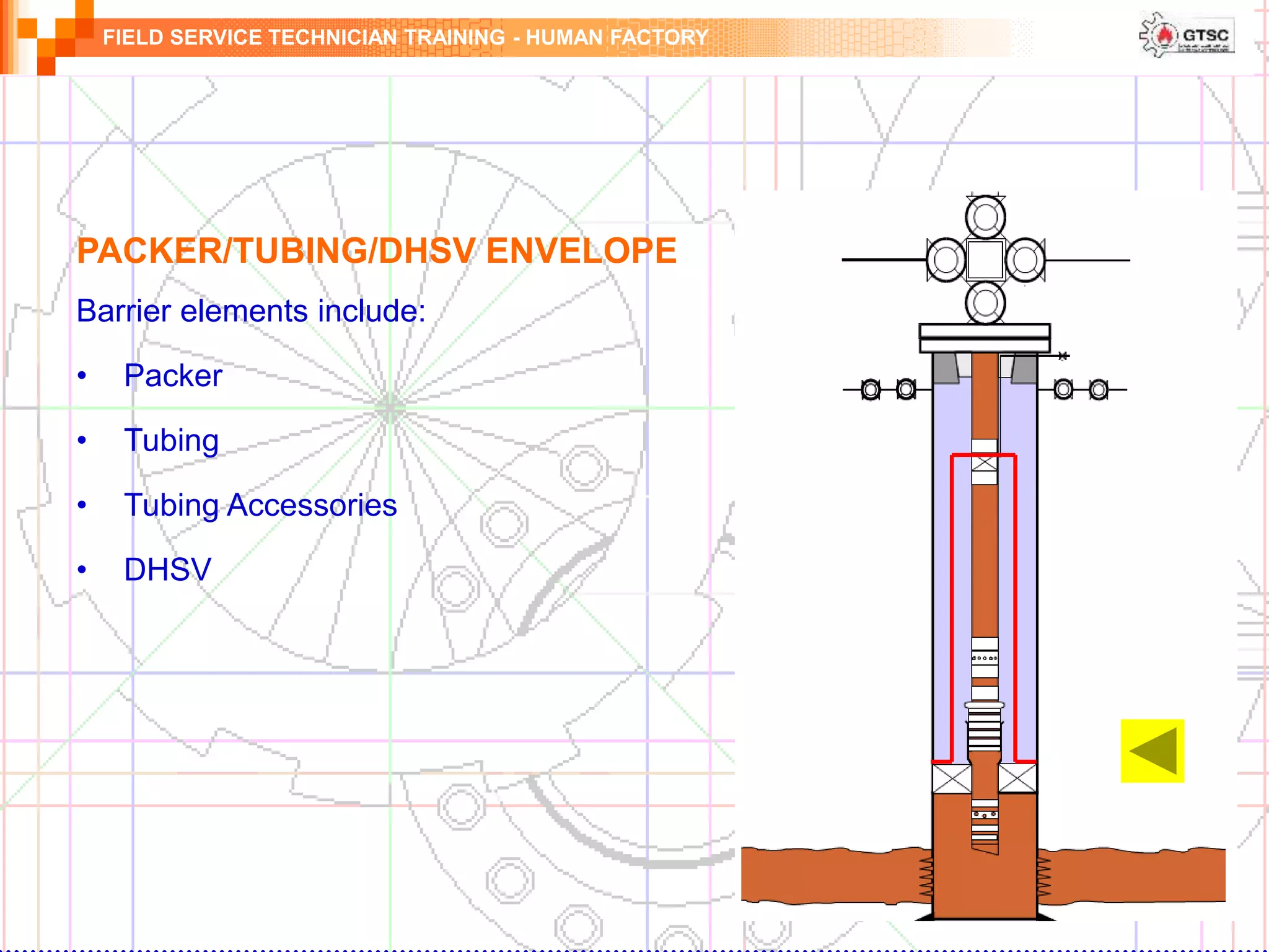 FIELD SERVICE TECHNICIAN TRAINING - HUMAN FACTORY
PACKER/TUBING/DHSV ENVELOPE
Barrier elements include:
• Packer
• Tubing
• Tubing Accessories
• DHSV
 