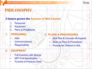 FIELD SERVICE TECHNICIAN TRAINING - HUMAN FACTORY
3 factors govern the Success of Well Control:
1. Personnel
2. Equipment
3. Plans & Procedures
1. PERSONNEL
• ASK
• Communications
• Responsibility
2. EQUIPMENT
• Full Inventory with Spares
• MPT Full Specification
• Function & Pressure Tests
3. PLANS & PROCEDURES
• Well Plan & Consider All Aspects
• Back-up Plans & Procedures
• Procedures Tailored to Site
PHILOSOPHY
 