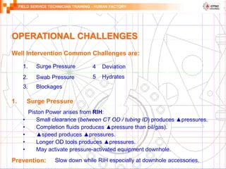 FIELD SERVICE TECHNICIAN TRAINING - HUMAN FACTORY
OPERATIONAL CHALLENGES
Well Intervention Common Challenges are:
1. Surge Pressure
2. Swab Pressure
3. Blockages
1. Surge Pressure
Piston Power arises from RIH:
• Small clearance (between CT OD / tubing ID) produces ▲pressures.
• Completion fluids produces ▲pressure than oil/gas).
• ▲speed produces ▲pressures.
• Longer OD tools produces ▲pressures.
• May activate pressure-activated equipment downhole.
Prevention:
4 Deviation
5 Hydrates
Slow down while RIH especially at downhole accessories.
 