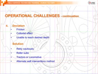 FIELD SERVICE TECHNICIAN TRAINING - HUMAN FACTORY
OPERATIONAL CHALLENGES - continuation
4. Deviation
• Friction
• Colloidal effect
• Unable to reach desired depth
Solution
• Retry cautiously
• Roller subs
• Tractors or Locomotive
• Alternate well interventions method
 