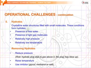 FIELD SERVICE TECHNICIAN TRAINING - HUMAN FACTORY
OPERATIONAL CHALLENGES - continuation
5. Hydrates
Crystalline water structures filled with small molecules. These conditions
form hydrates;
• Presence of free water
• Presence of light gas molecules
• Relatively high pressure
• Relatively low temperature
Removing Hydrates
• Reduce pressure
(Risk: hydrate plug slips & gas above it, the plug may blow up).
• Raise temperature
• Use inhibitor (glycol, methanol or salt).
 