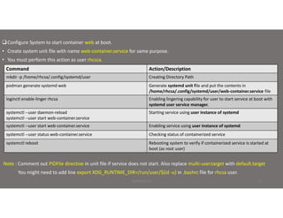 Configure System to start container web at boot.
• Create system unit file with name web-container.service for same purpose.
• You must perform this action as user rhcsca.
Note : Comment out PIDFile directive in unit file if service does not start. Also replace multi-user.target with default.target
You might need to add line export XDG_RUNTIME_DIR=/run/user/$(id -u) in .bashrc file for rhcsa user.
PRINCE BAJAJ
Command Action/Description
mkdir -p /home/rhcsa/.config/systemd/user Creating Directory Path
podman generate systemd web Generate systemd unit file and put the contents in
/home/rhcsa/.config/systemd/user/web-container.service file
loginctl enable-linger rhcsa Enabling lingering capability for user to start service at boot with
systemd user service manager.
systemctl --user daemon-reload
systemctl --user start web-container.service
Starting service using user instance of systemd
systemctl --user start web-container.service Enabling service using user instance of systemd
systemctl --user status web-container.service Checking status of containerized service
systemctl reboot Rebooting system to verify if containerized service is started at
boot (as root user)
17
 