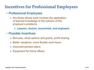 Copyright © 2011 Pearson Education 12–15
Incentives for Professional Employees
• Professional Employees
 Are those whose work involves the application
of learned knowledge to the solution of the
employer’s problems.
 Lawyers, doctors, economists, and engineers
• Possible Incentives
 Bonuses, stock options and grants, profit sharing
 Better vacations, more flexible work hours
 Improved pension plans
 Equipment for home offices
 