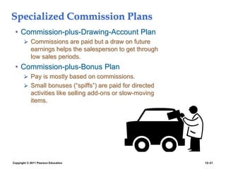 Copyright © 2011 Pearson Education 12–21
Specialized Commission Plans
• Commission-plus-Drawing-Account Plan
 Commissions are paid but a draw on future
earnings helps the salesperson to get through
low sales periods.
• Commission-plus-Bonus Plan
 Pay is mostly based on commissions.
 Small bonuses (“spiffs”) are paid for directed
activities like selling add-ons or slow-moving
items.
 