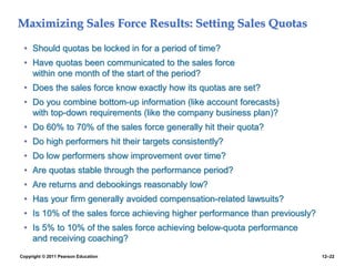 Copyright © 2011 Pearson Education 12–22
Maximizing Sales Force Results: Setting Sales Quotas
• Should quotas be locked in for a period of time?
• Have quotas been communicated to the sales force
within one month of the start of the period?
• Does the sales force know exactly how its quotas are set?
• Do you combine bottom-up information (like account forecasts)
with top-down requirements (like the company business plan)?
• Do 60% to 70% of the sales force generally hit their quota?
• Do high performers hit their targets consistently?
• Do low performers show improvement over time?
• Are quotas stable through the performance period?
• Are returns and debookings reasonably low?
• Has your firm generally avoided compensation-related lawsuits?
• Is 10% of the sales force achieving higher performance than previously?
• Is 5% to 10% of the sales force achieving below-quota performance
and receiving coaching?
 
