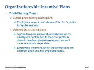 Copyright © 2011 Pearson Education 12–29
Organizationwide Incentive Plans
• Profit-Sharing Plans
 Current profit-sharing (cash) plans
 Employees receive cash shares of the firm’s profits
at regular intervals.
 Deferred profit-sharing plans
 A predetermined portion of profits based on the
employee’s contribution to the firm’s profits is
placed in each employee’s retirement account
under a trustee’s supervision.
 Employees’ income taxes on the distributions are
deferred, often until the employee retires.
 
