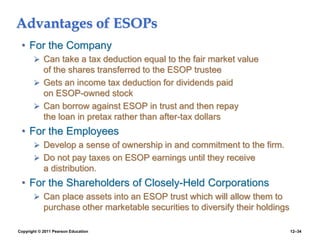 Copyright © 2011 Pearson Education 12–34
Advantages of ESOPs
• For the Company
 Can take a tax deduction equal to the fair market value
of the shares transferred to the ESOP trustee
 Gets an income tax deduction for dividends paid
on ESOP-owned stock
 Can borrow against ESOP in trust and then repay
the loan in pretax rather than after-tax dollars
• For the Employees
 Develop a sense of ownership in and commitment to the firm.
 Do not pay taxes on ESOP earnings until they receive
a distribution.
• For the Shareholders of Closely-Held Corporations
 Can place assets into an ESOP trust which will allow them to
purchase other marketable securities to diversify their holdings
 