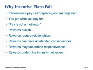 Copyright © 2011 Pearson Education 12–36
Why Incentive Plans Fail
• Performance pay can’t replace good management.
• You get what you pay for.
• “Pay is not a motivator.”
• Rewards punish.
• Rewards rupture relationships.
• Rewards can have unintended consequences.
• Rewards may undermine responsiveness.
• Rewards undermine intrinsic motivation.
 