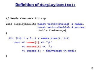 35
Definition of displayResults()
// Needs <vector> library
void displayResults(const vector<string> & names,
const vector<double> & scores,
double theAverage)
{
for (int i = 0; i < names.size(); i++)
cout << names[i] << 't'
<< scores[i] << 't'
<< scores[i] - theAverage << endl;
}
 