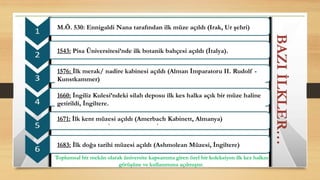 M.Ö. 530: Ennigaldi Nana tarafından ilk müze açıldı (Irak, Ur şehri)
1543: Pisa Üniversitesi’nde ilk botanik bahçesi açıldı (İtalya).
1576: İlk merak/ nadire kabinesi açıldı (Alman İmparatoru II. Rudolf -
Kunstkammer)
1660: İngiliz Kulesi’ndeki silah deposu ilk kes halka açık bir müze haline
getirildi, İngiltere.
1671: İlk kent müzesi açıldı (Amerbach Kabinett, Almanya)
1683: İlk doğa tarihi müzesi açıldı (Ashmolean Müzesi, İngiltere)
BAZI
İLKLER…
Toplumsal bir mekân olarak üniversite kapsamına giren özel bir koleksiyon ilk kez halkın
görüşüne ve kullanımına açılmıştır.
 