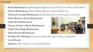 • Resim Koleksiyonu (Michelangelo, Raphael, Leonardo De Vinci, Rosso, Primaticcio)
• Heykel Koleksiyonu (Michelangelo, Raphael, Carracci, Rodin vb.)
• Dekoratif Sanatlar Koleksiyonu (Gotik, Rönesans ve Orta Çağ’a ait örnekler)
• Baskı Resim ve Çizim Koleksiyonu
• Antik ıı Koleksiyonu
• Yunan, Etrüsk ve Roma Koleksiyonu
• Antik Yakın Doğu Koleksiyonu
• İslam Eserleri Koleksiyonu
• Pavillon De L’Horloge (Louvre’un tarihçesine ilişkin belge ve fotoğraflar)
• Cam Piramit
• Bahçeler (The Tuileries ve Carousel bahçeleri)
Koleksiyonlar
 