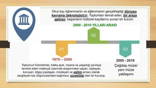 1970 – 2000
2000 - 2010 YILLARI ARASI
Toplumun hizmetinde, halka açık, insana ve yaşadığı çevreye
tanıklık eden materyal üzerinde araştırmalar yapan, toplayan,
koruyan, bilgiyi paylaşan, inceleyen ve eğitim amacı olarak
sergileyen kar düşüncesinden bağımsız, sürekliliği olan bir kuruluş.
Okul dışı öğrenmenin ve eğlenmenin gerçekleştiği dünyayı
kavrama (teknolojisi)dir, Toplumları temsil eden, bir araya
getiren; başarıların kültürel kayıtlarını sunan bir kurum.
2000 - 2018
Çağdaş müze/
yeni müze
yaklaşımı
 
