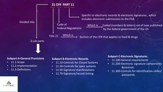 21 CFR PART 11
Specific to electronic records & electronic signatures , which
includes electronic submissions to the FDA
Code of
Federal Regulations
Which is Coded (numbers & letters) set of laws published
by the federal government of the US
Title 21 Which is
Section of the CFR that applies to food & drugs
Divided into
3 sub parts
Subpart A-General Provisions
• 11.1-Scope
• 11.2-Implementation
• 11.3-Definitions
Subpart B-Electronic Records
• 11.10-Controls for Closed Systems
• 11.30-Controls for open systems
• 11.50-Signature manifestations
• 11.70-Signature/record linking
Subpart C-Electronic Signatures
• 11.100-General requirements
• 11.200-Electronic signature components
&controls
• 11.300-Controls for identification codes/
passwords
 