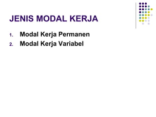 JENIS MODAL KERJA
1. Modal Kerja Permanen
2. Modal Kerja Variabel
 