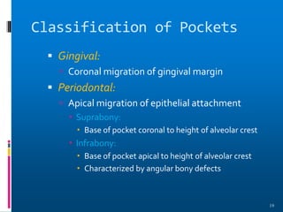 Classification of Pockets
 Gingival:
 Coronal migration of gingival margin
 Periodontal:
 Apical migration of epithelial attachment
 Suprabony:
 Base of pocket coronal to height of alveolar crest
 Infrabony:
 Base of pocket apical to height of alveolar crest
 Characterized by angular bony defects
19
 