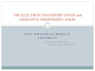 LEVY MWANAWASA MEDICAL
UNIVERSITY
S H A N D E L E G I N N E T H O N
M E D I C A L B I O C H E M I S T R Y
THE ELECTRON TRANSPORT CHAIN and
OXIDATIVE PHOSPHORYLATION
 