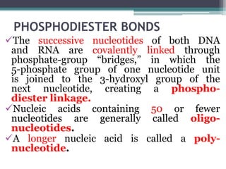 PHOSPHODIESTER BONDS
The successive nucleotides of both DNA
and RNA are covalently linked through
phosphate-group “bridges,” in which the
5-phosphate group of one nucleotide unit
is joined to the 3-hydroxyl group of the
next nucleotide, creating a phospho-
diester linkage.
Nucleic acids containing 50 or fewer
nucleotides are generally called oligo-
nucleotides.
A longer nucleic acid is called a poly-
nucleotide.
 