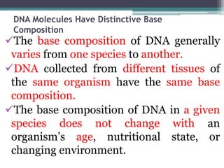 DNA Molecules Have Distinctive Base
Composition
The base composition of DNA generally
varies from one species to another.
DNA collected from different tissues of
the same organism have the same base
composition.
The base composition of DNA in a given
species does not change with an
organism’s age, nutritional state, or
changing environment.
 