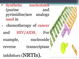  Synthetic nucleotides
(purine and
pyrimidine)are analogs
used in
- chemotherapy of cancer
and HIV/AIDS. For
example, nucleoside
reverse transcriptase
inhibitors (NRTIs).
 