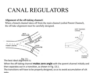 CANAL REGULATORS
Alignment of the off-taking channel:
When a branch channel takes off from the main channel (called Parent Channel),
the off-take alignment must be carefully designed.
The best ideal alignment is:
When the off-taking channel makes zero angle with the parent channel initially and
then separates out in a transition, as shown in Fig. 13.1.
The transitions will have to be properly designed, so as to avoid accumulation of silt
 