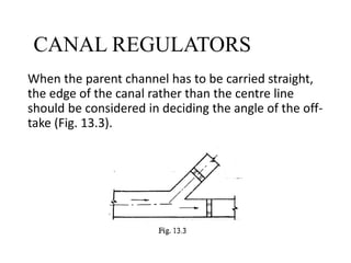 When the parent channel has to be carried straight,
the edge of the canal rather than the centre line
should be considered in deciding the angle of the off-
take (Fig. 13.3).
CANAL REGULATORS
 