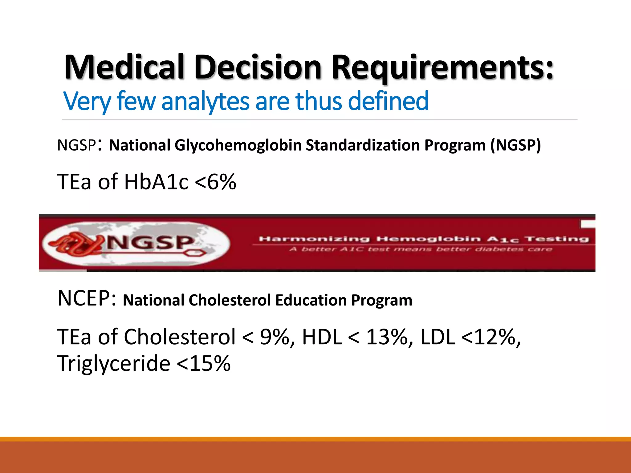Medical Decision Requirements:
Very few analytes are thus defined
NGSP: National Glycohemoglobin Standardization Program (NGSP)
TEa of HbA1c <6%
NCEP: National Cholesterol Education Program
TEa of Cholesterol < 9%, HDL < 13%, LDL <12%,
Triglyceride <15%
 