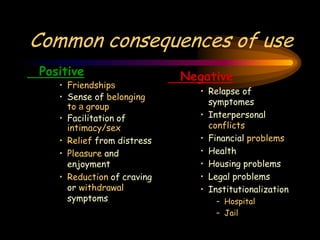 Common consequences of use
Positive
• Friendships
• Sense of belonging
to a group
• Facilitation of
intimacy/sex
• Relief from distress
• Pleasure and
enjoyment
• Reduction of craving
or withdrawal
symptoms
Negative
• Relapse of
symptomes
• Interpersonal
conflicts
• Financial problems
• Health
• Housing problems
• Legal problems
• Institutionalization
– Hospital
– Jail
 
