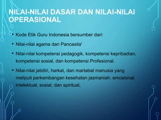 NILAI-NILAI DASAR DAN NILAI-NILAI
OPERASIONAL
• Kode Etik Guru Indonesia bersumber dari:
• Nilai-nilai agama dan Pancasila'
• Nilai-nilai kompetensi pedagogik, kompetensi kepribadian,
kompetensi sosial, dan kompetensi Profesional.
• Nilai-nilai jatidiri, harkat, dan martabat manusia yang
meliputi perkembangan kesehatan jasmaniah. emosional,
intelektual, sosial, dan spiritual,
 